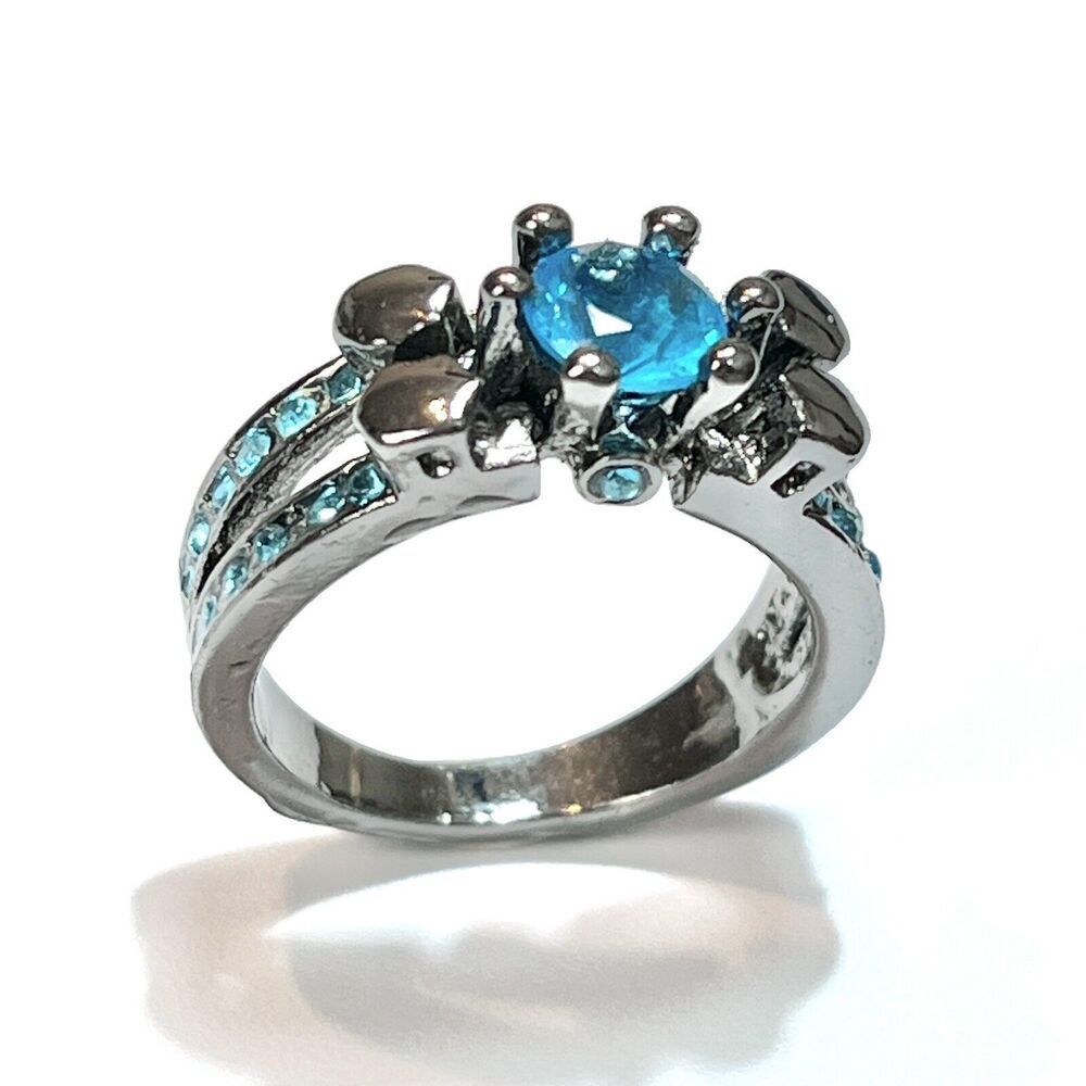 Blue Rhinestone Ring Size 6.75 Gunmetal Gray Plated Goth Gothic Studded